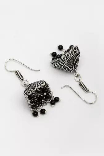  women's oxidized silver plated black artificial beads jhumka earrings