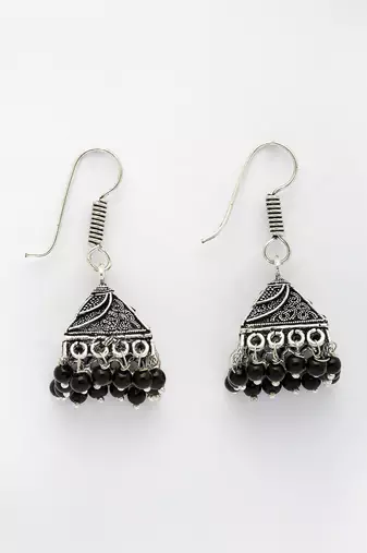  women's oxidized silver plated black artificial beads jhumka earrings