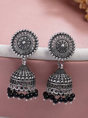  women's oxidized silver plated black artificial beads jhumka earrings 1