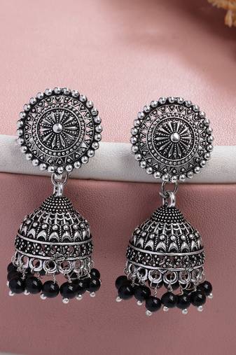  women's oxidized silver plated black artificial beads jhumka earrings