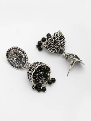  women's oxidized silver plated black artificial beads jhumka earrings 3