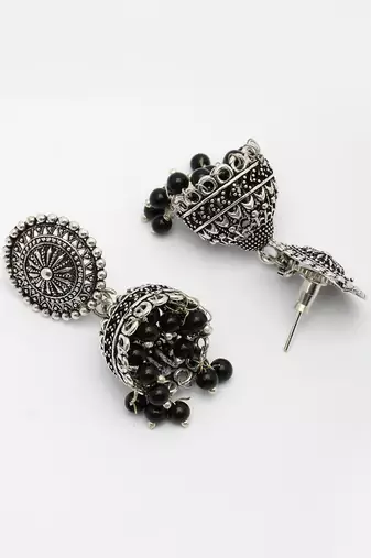  women's oxidized silver plated black artificial beads jhumka earrings