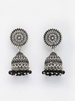  women's oxidized silver plated black artificial beads jhumka earrings 4