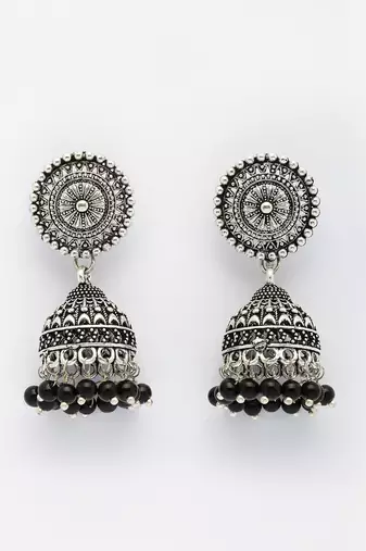  women's oxidized silver plated black artificial beads jhumka earrings