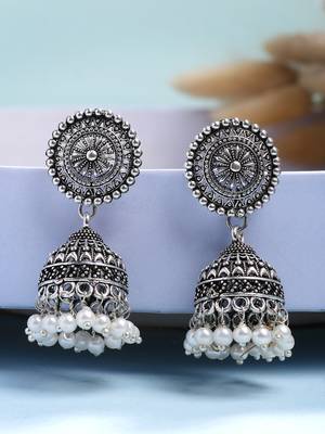  women's oxidized silver plated white artificial beads jhumka earrings 1