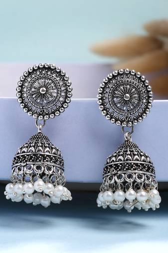  women's oxidized silver plated white artificial beads jhumka earrings