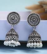  women's oxidized silver plated white artificial beads jhumka earrings