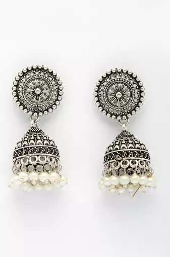  women's oxidized silver plated white artificial beads jhumka earrings