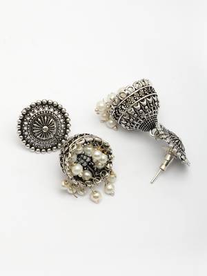  women's oxidized silver plated white artificial beads jhumka earrings 3
