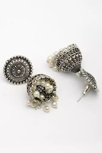  women's oxidized silver plated white artificial beads jhumka earrings
