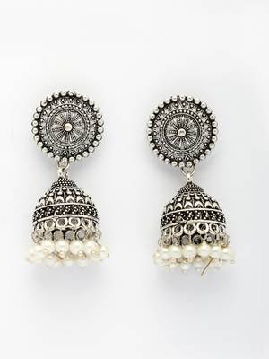  women's oxidized silver plated white artificial beads jhumka earrings 4