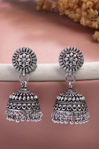  women silver plated traditional oxidized jhumka earrings