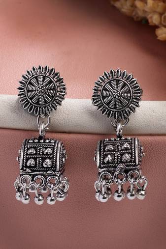  women silver-plated oxidized contemporary jhumkas earrings