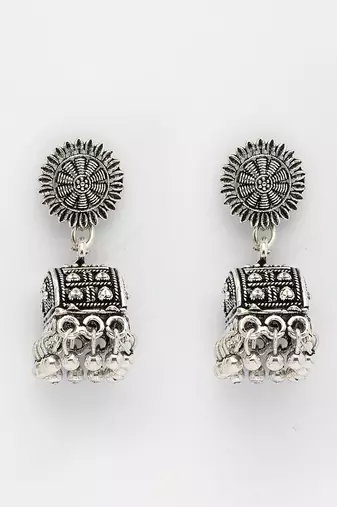  women silver-plated oxidized contemporary jhumkas earrings