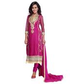 Magenta And Gold Net Unstitched Dress Material