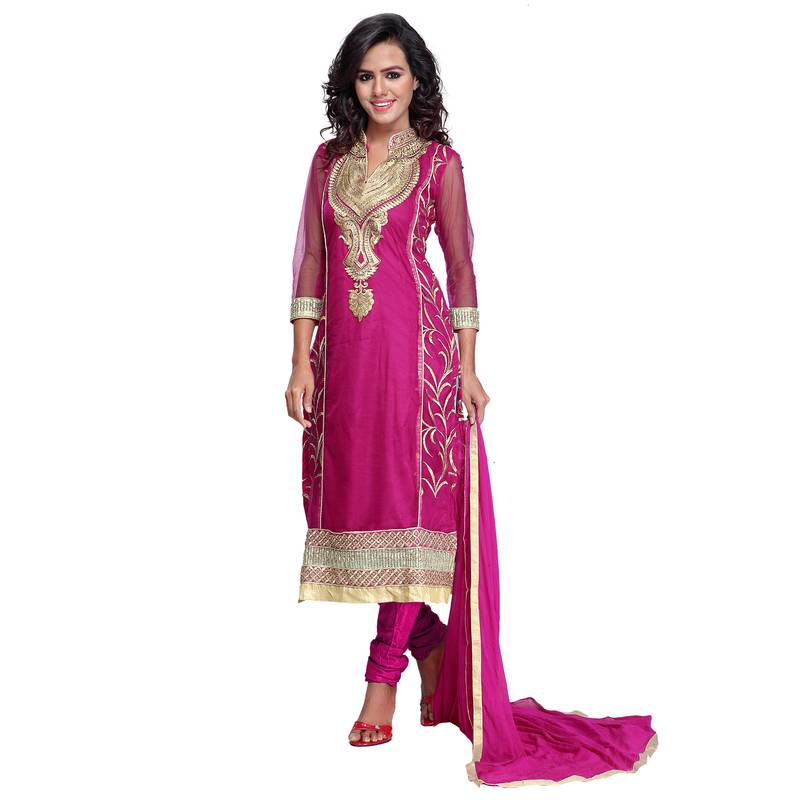 Magenta And Gold Net Unstitched Dress Material