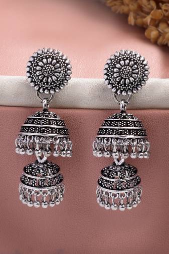  women silver plated oxidized german silver jhumka earrings