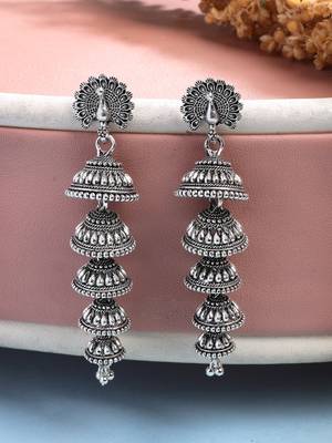  women silver plated oxidized peacock design layered jhumka earrings 1