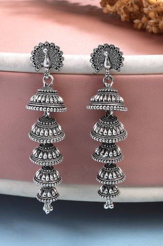  women silver plated oxidized peacock design layered jhumka earrings