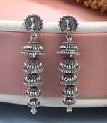  women silver plated oxidized peacock design layered jhumka earrings