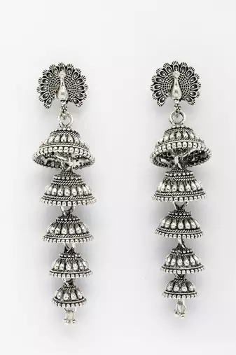  women silver plated oxidized peacock design layered jhumka earrings