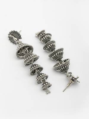  women silver plated oxidized peacock design layered jhumka earrings 3