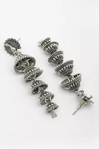  women silver plated oxidized peacock design layered jhumka earrings