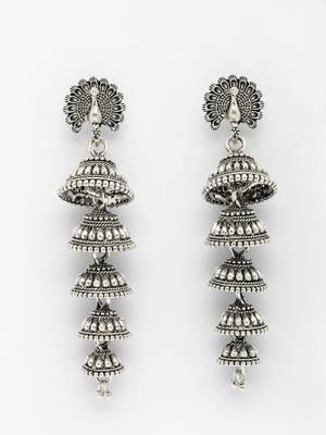  women silver plated oxidized peacock design layered jhumka earrings 4