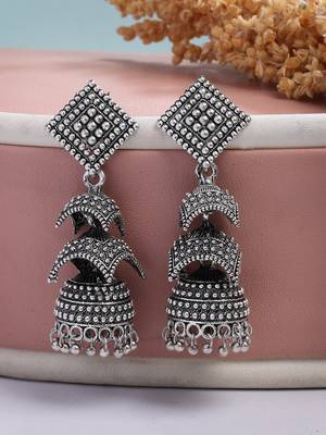  women's traditional oxidized silver plated jhumka earrings 1
