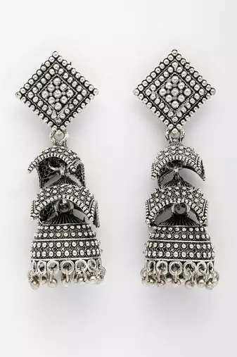  women's traditional oxidized silver plated jhumka earrings
