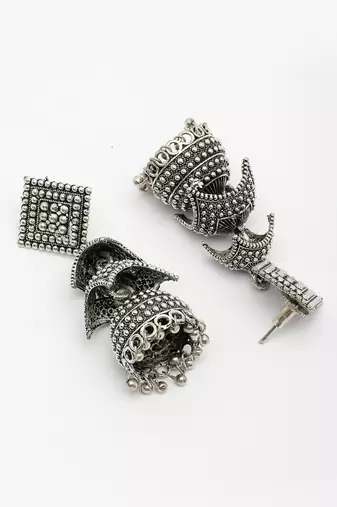  women's traditional oxidized silver plated jhumka earrings