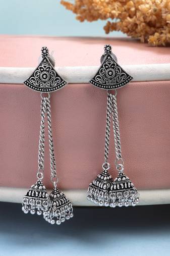  women silver toned oxidized german silver jhumka earrings