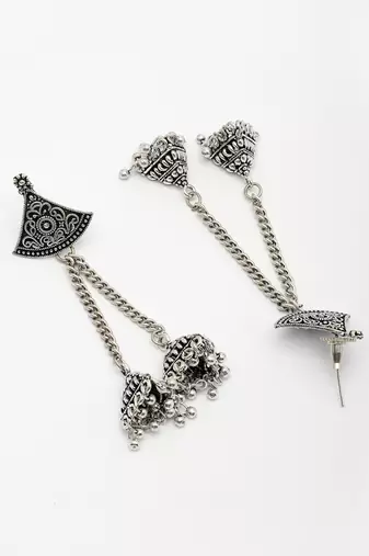  women silver toned oxidized german silver jhumka earrings