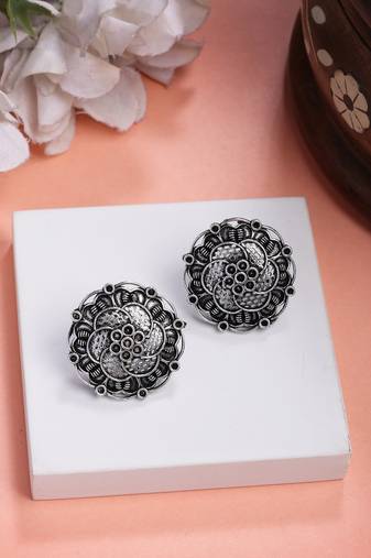  women's silver plated oxidized floral design stud earrings
