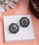 women's silver plated oxidized floral design stud earrings