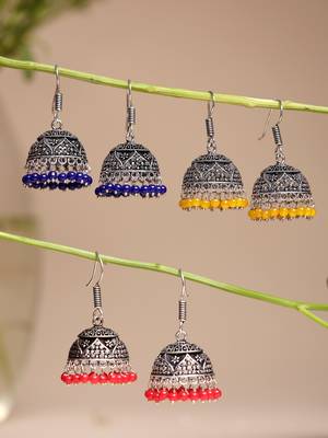  women's pair of 3 oxidized silver plated multicolor artificial beads jhumka earrings 1
