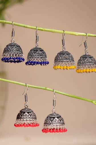  women's pair of 3 oxidized silver plated multicolor artificial beads jhumka earrings