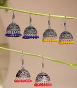  women's pair of 3 oxidized silver plated multicolor artificial beads jhumka earrings