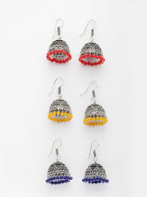  women's pair of 3 oxidized silver plated multicolor artificial beads jhumka earrings 2