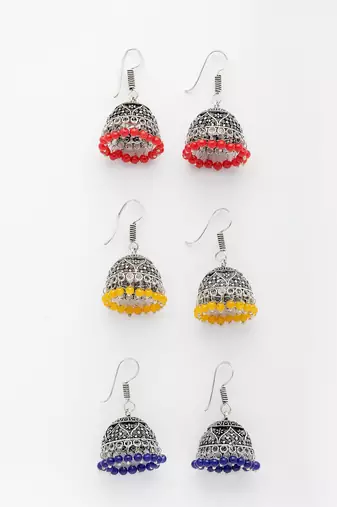  women's pair of 3 oxidized silver plated multicolor artificial beads jhumka earrings