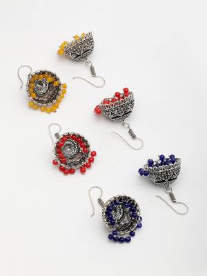  women's pair of 3 oxidized silver plated multicolor artificial beads jhumka earrings 3