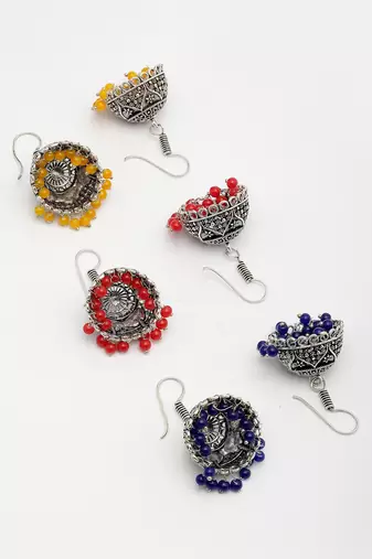  women's pair of 3 oxidized silver plated multicolor artificial beads jhumka earrings