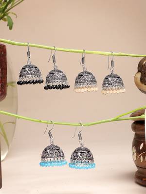  women pair of 3 multicolor artificial beads oxidized silver plated jhumka earrings 1