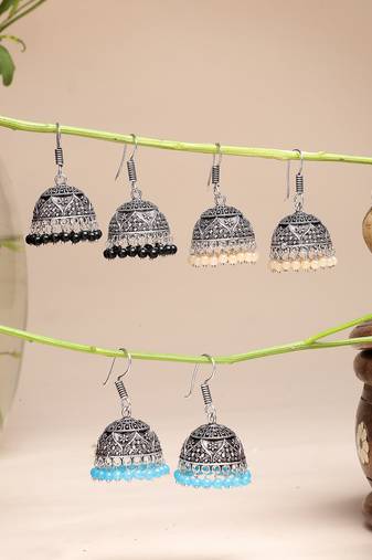  women pair of 3 multicolor artificial beads oxidized silver plated jhumka earrings