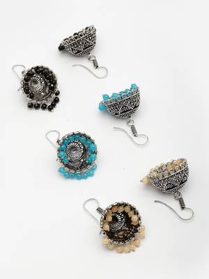  women pair of 3 multicolor artificial beads oxidized silver plated jhumka earrings 3