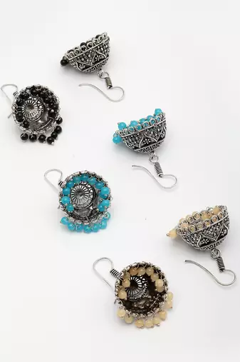  women pair of 3 multicolor artificial beads oxidized silver plated jhumka earrings