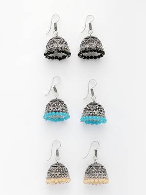  women pair of 3 multicolor artificial beads oxidized silver plated jhumka earrings 4