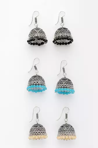  women pair of 3 multicolor artificial beads oxidized silver plated jhumka earrings