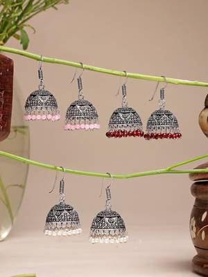  women pair of 3 oxidized silver plated multicolor artificial beads jhumka earrings 1
