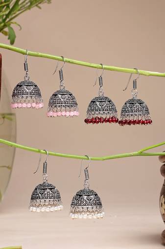  women pair of 3 oxidized silver plated multicolor artificial beads jhumka earrings
